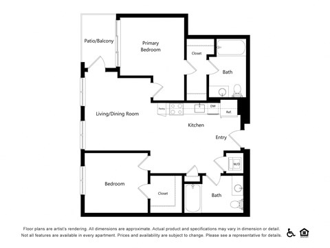 Floor plan for 2 beds, 2 baths, 969 sqft